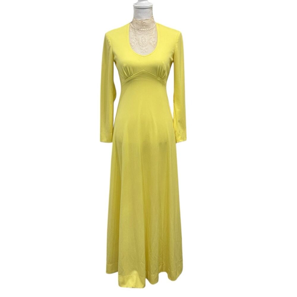 Vintage 1970s Victorian Edwardian Revival Yellow Lace Neck Maxi Dress Costume XS - Picture 2 of 16